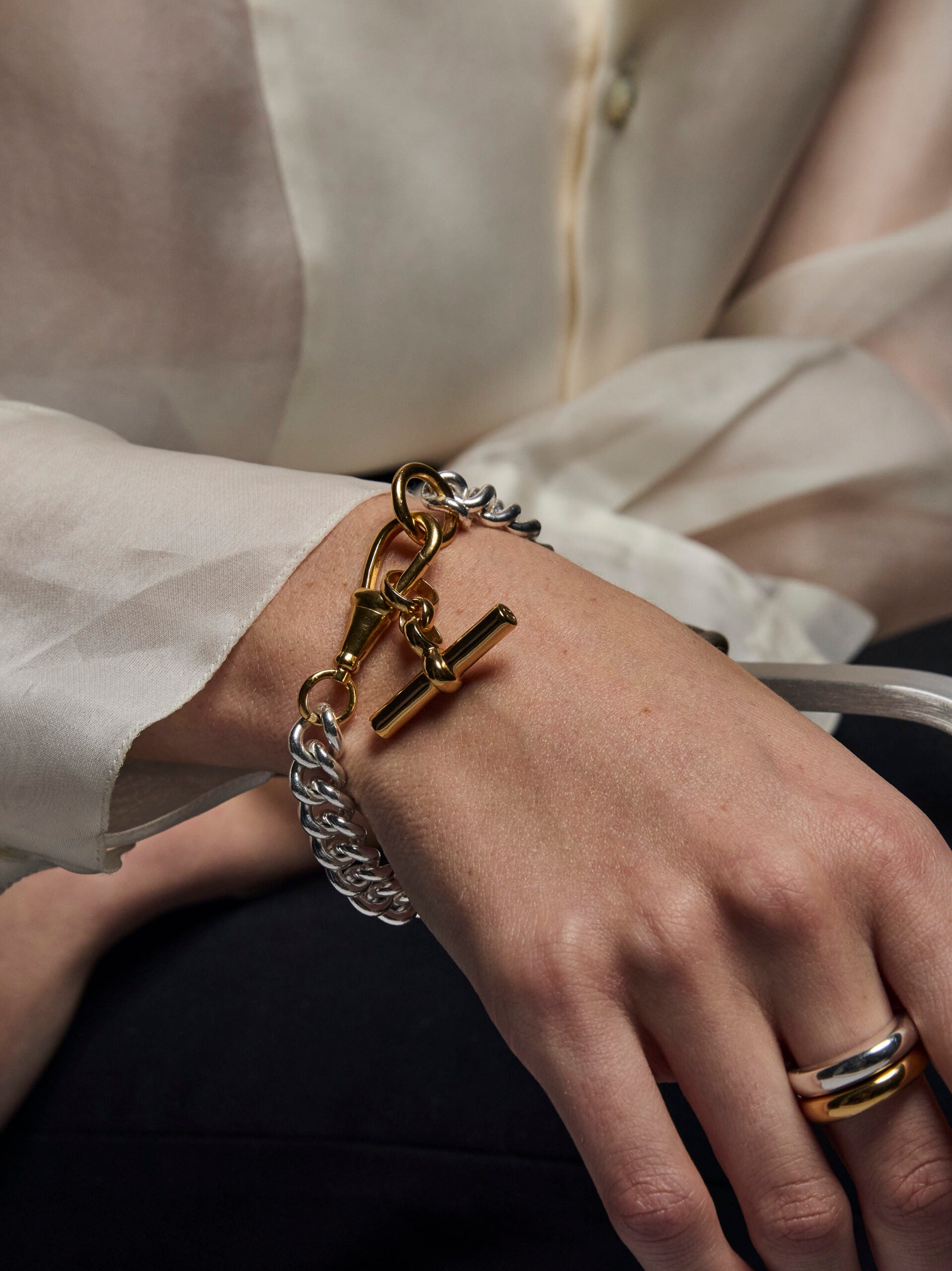 Large Silver and Gold Curb Clipt Bracelet with Gold T-bar