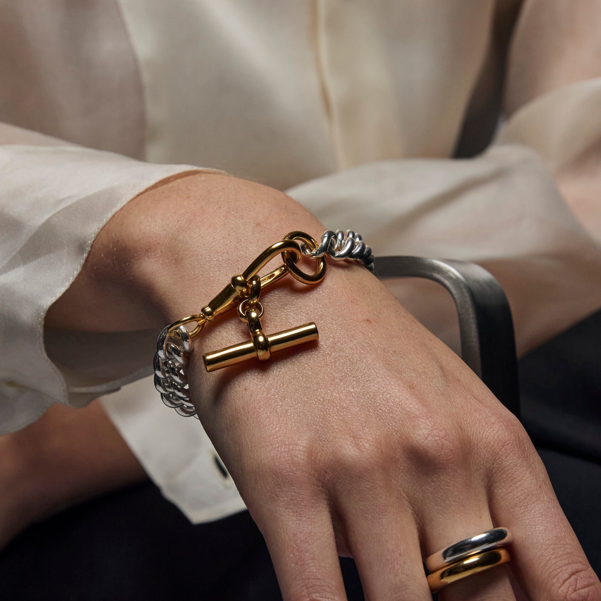 Large Silver and Gold Curb Clipt Bracelet with Gold T-bar