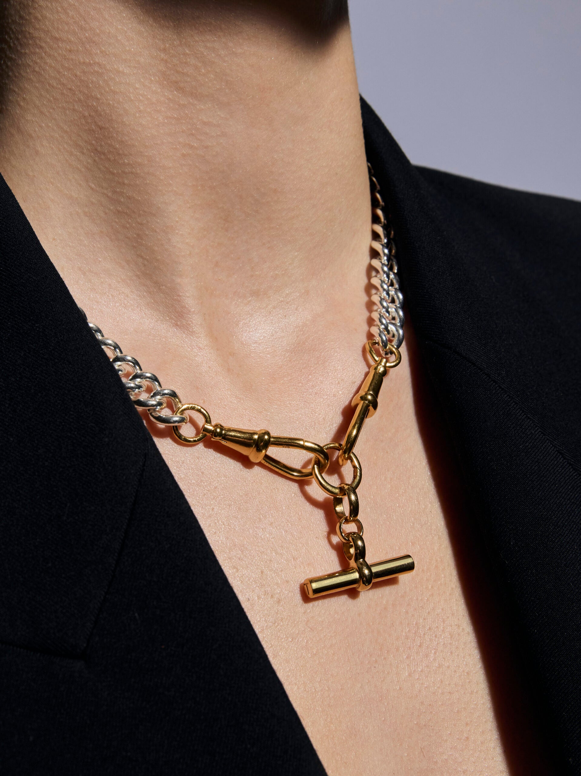 Medium Gold T-bar on Large Silver and Gold Curb Clipt Necklace