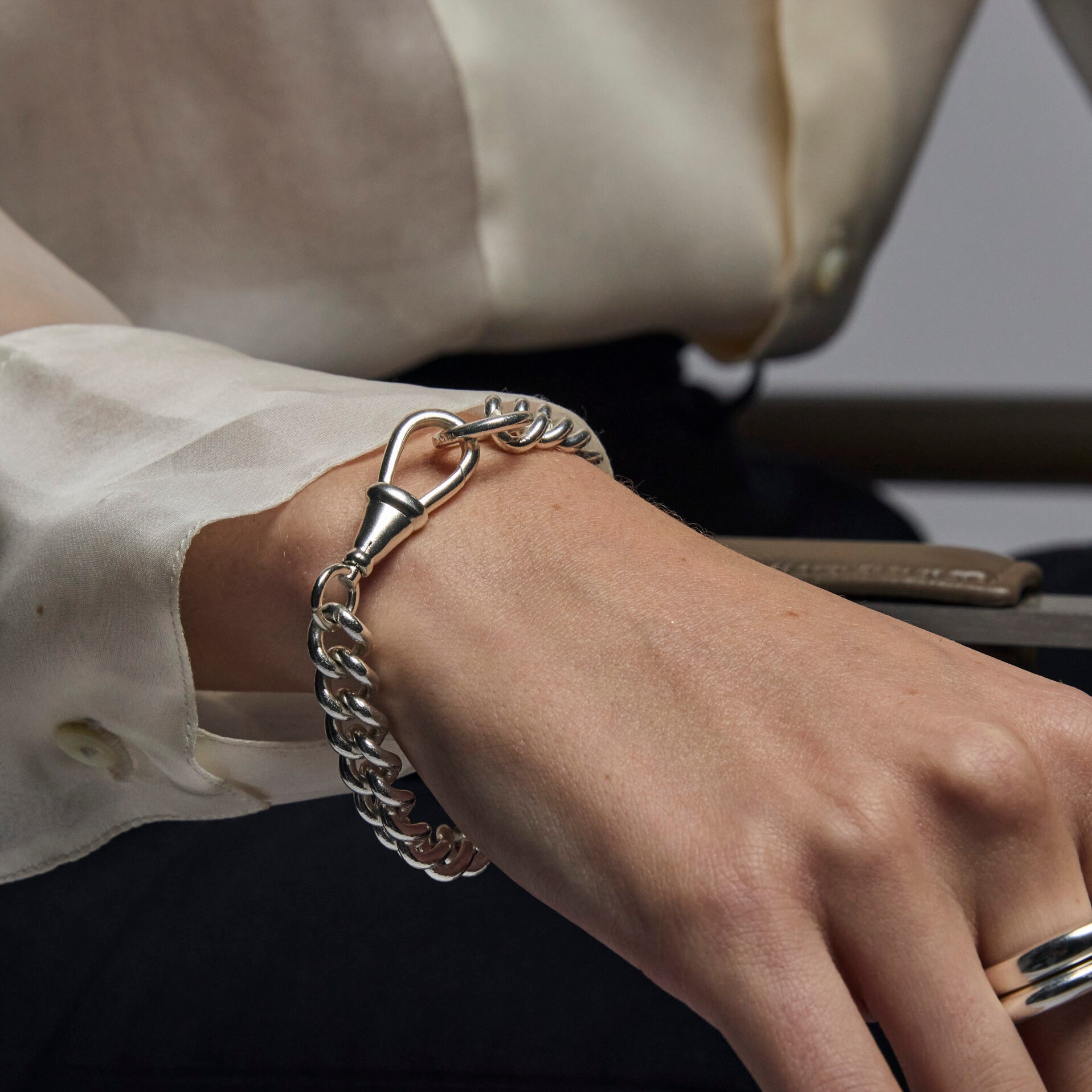 Large Silver Curb Clipt Bracelet