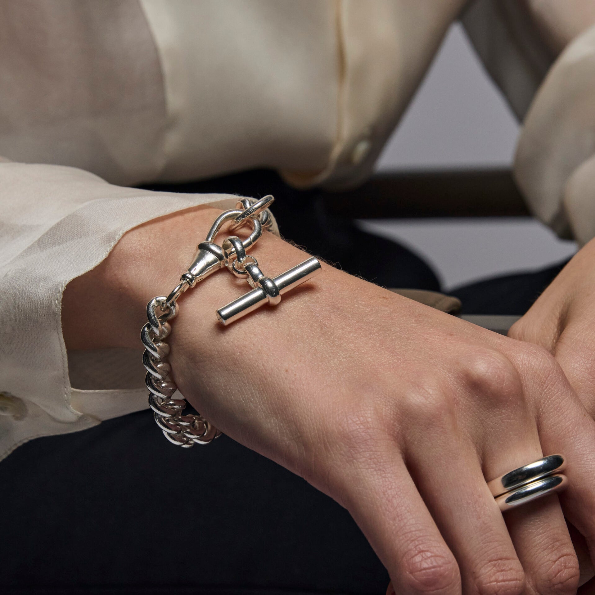 Large Silver Curb Clipt Bracelet with T-bar