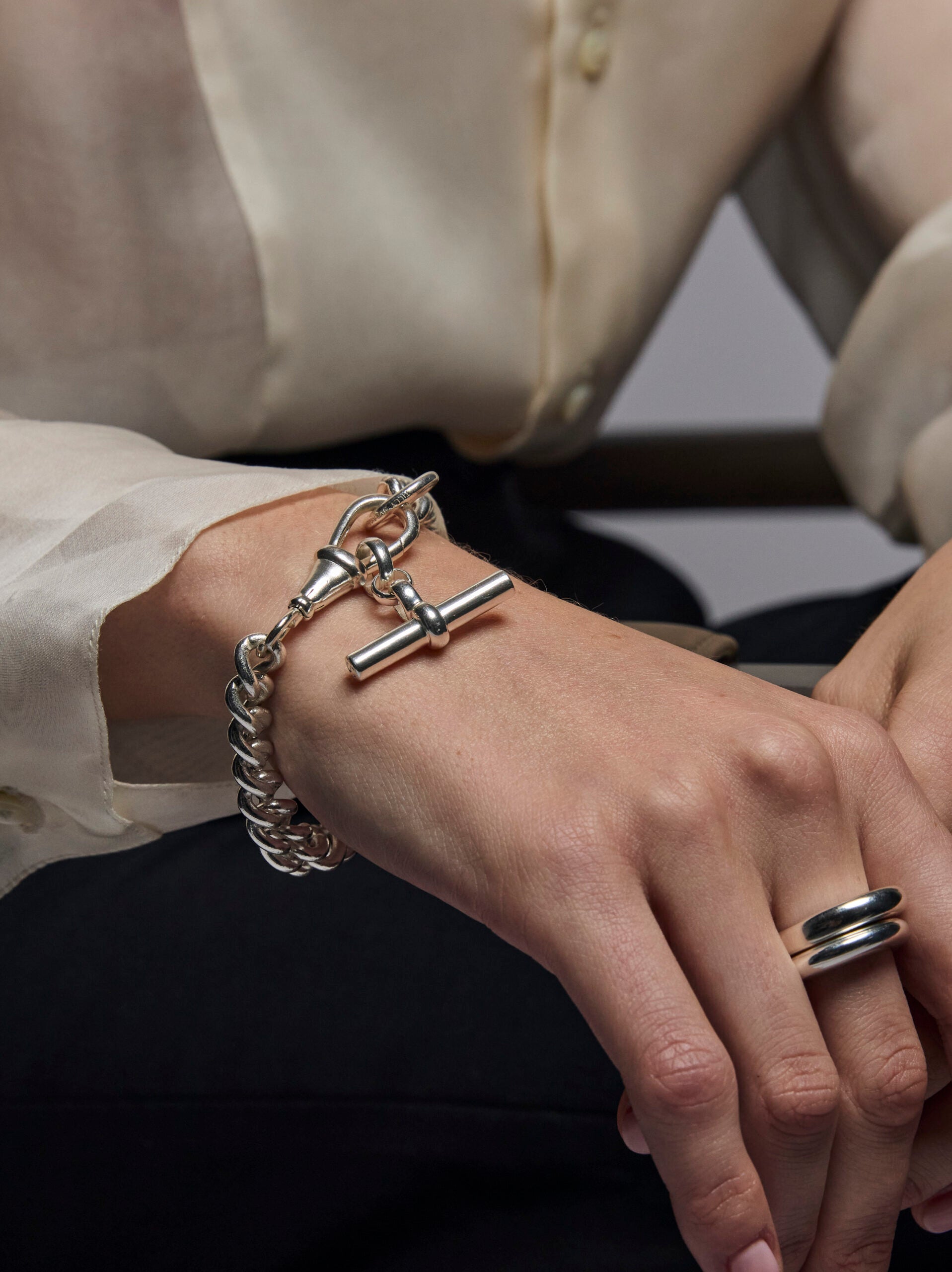Large Silver Curb Clipt Bracelet with T-bar