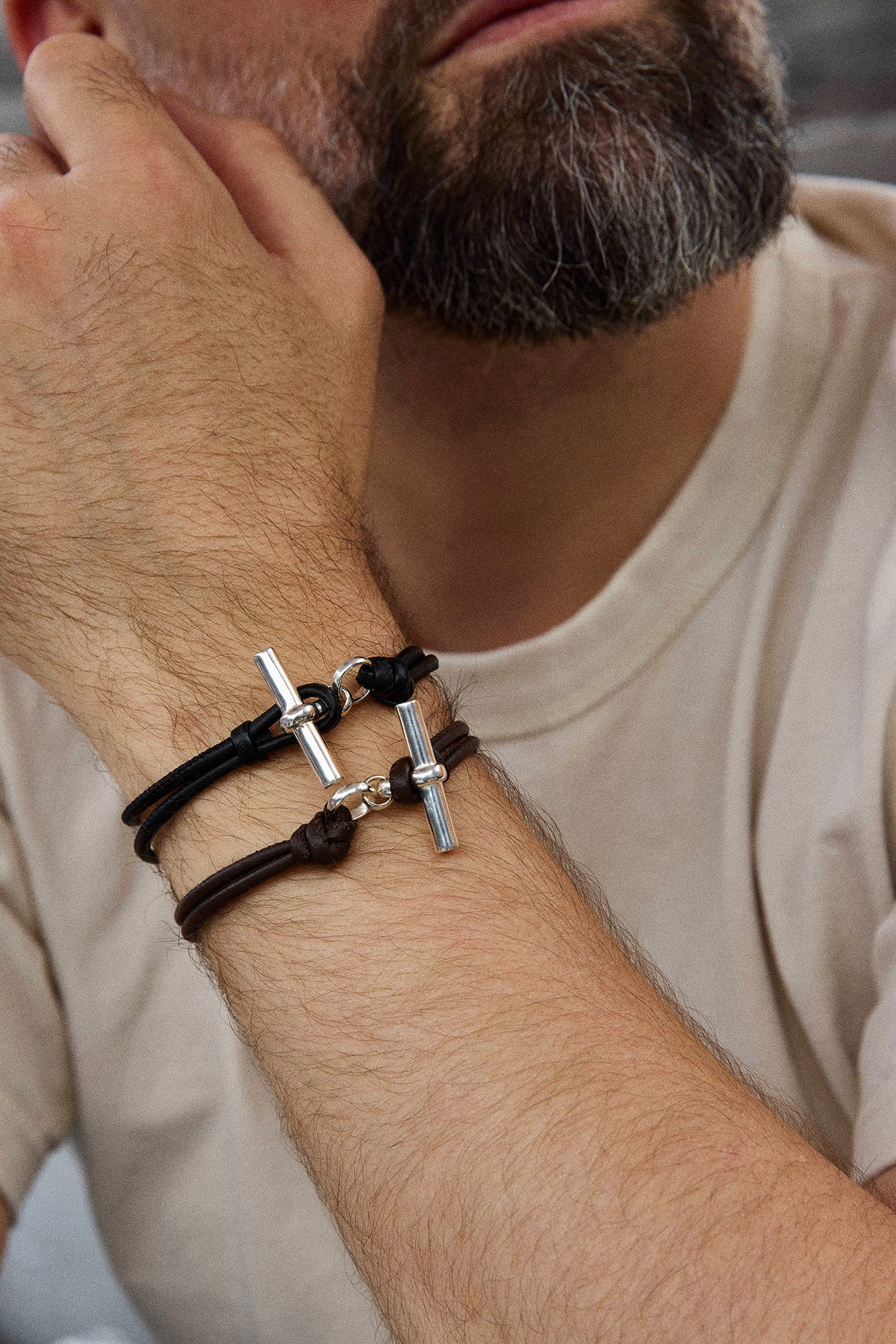 Men's Silver T-Bar on Dark Brown Leather Bracelet