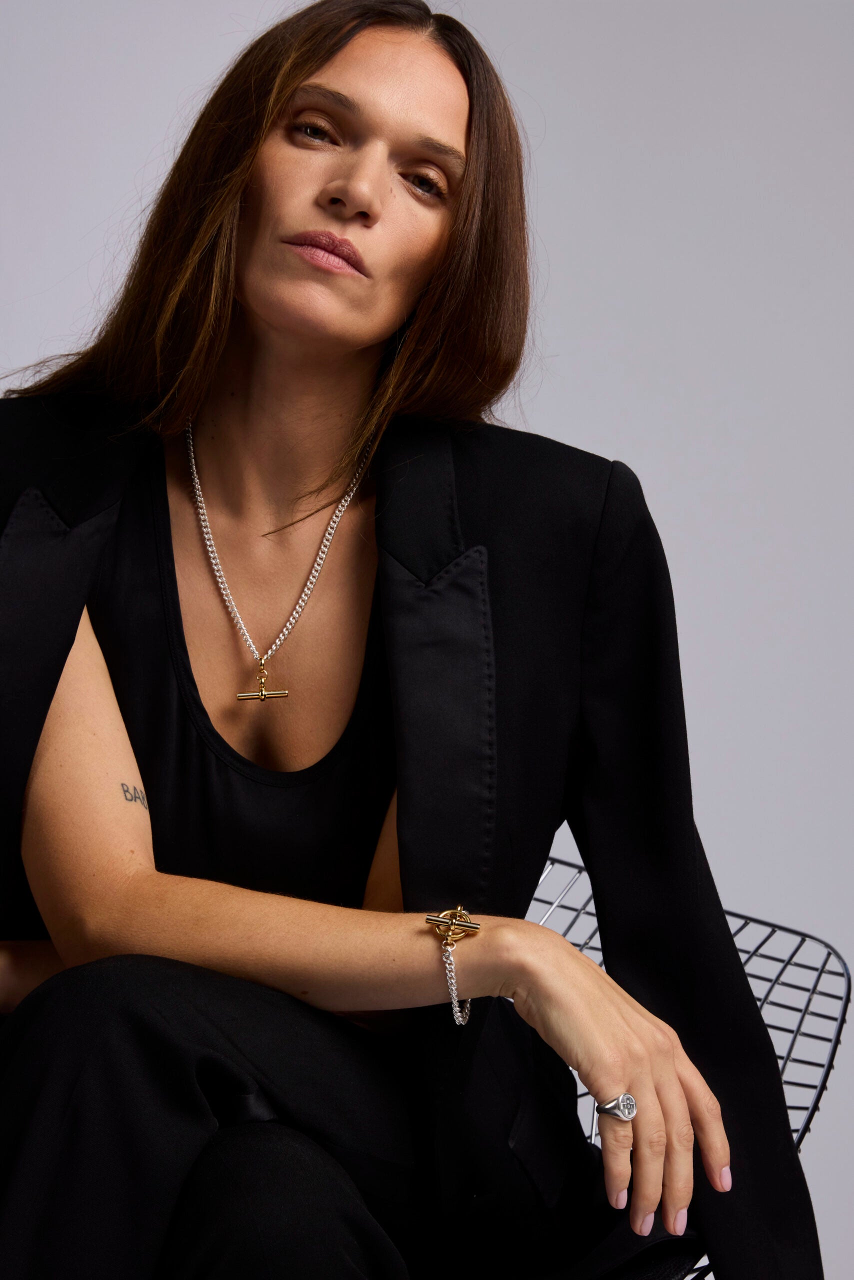 Mixed Metal T-Bar Curb Link Necklace