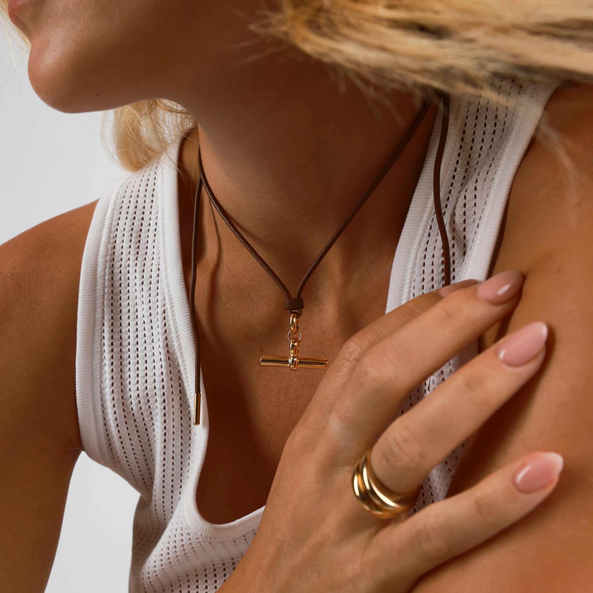 Medium Gold T-Bar on Dark Brown Leather Necklace