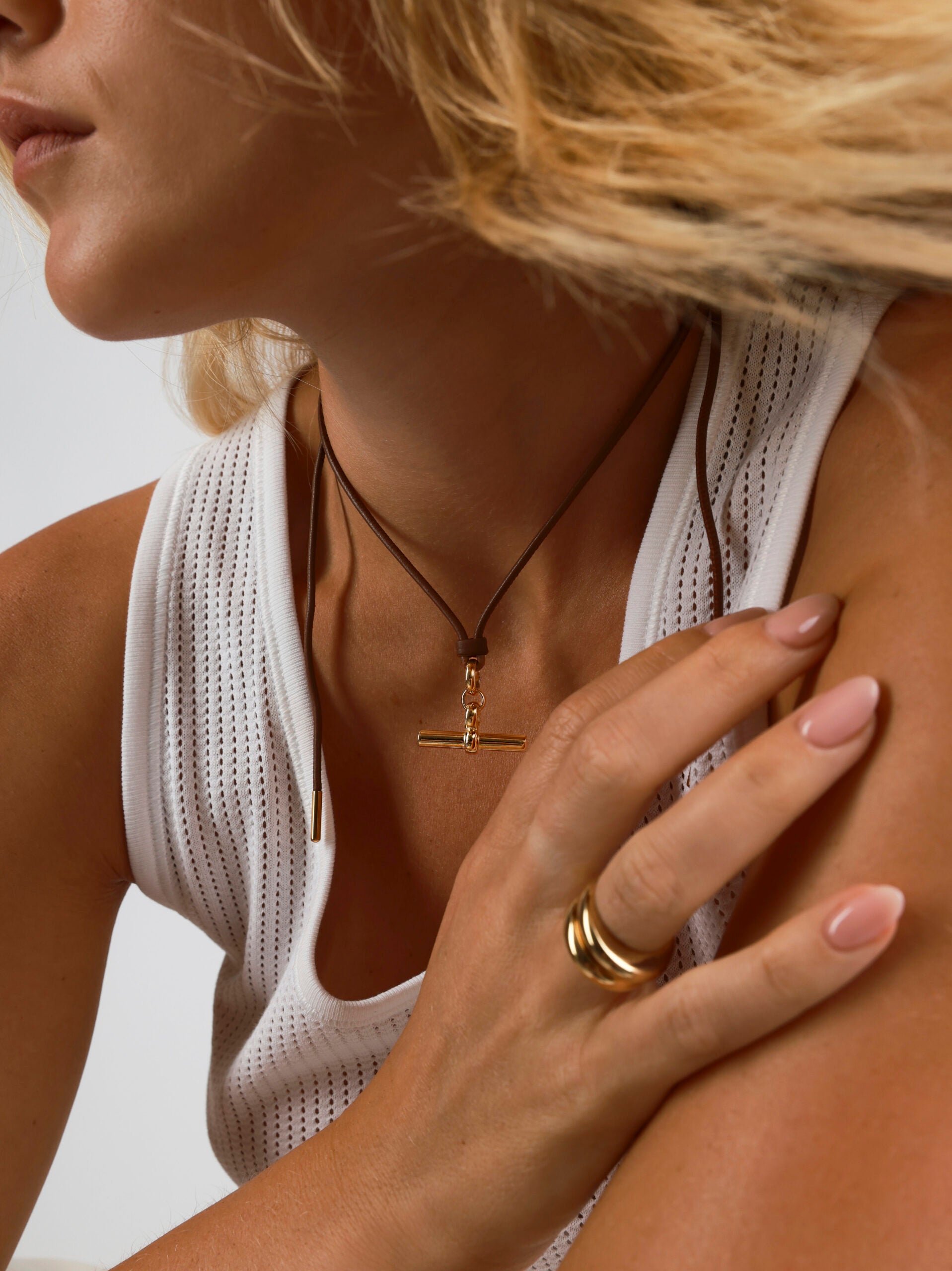 Medium Gold T-Bar on Dark Brown Leather Necklace