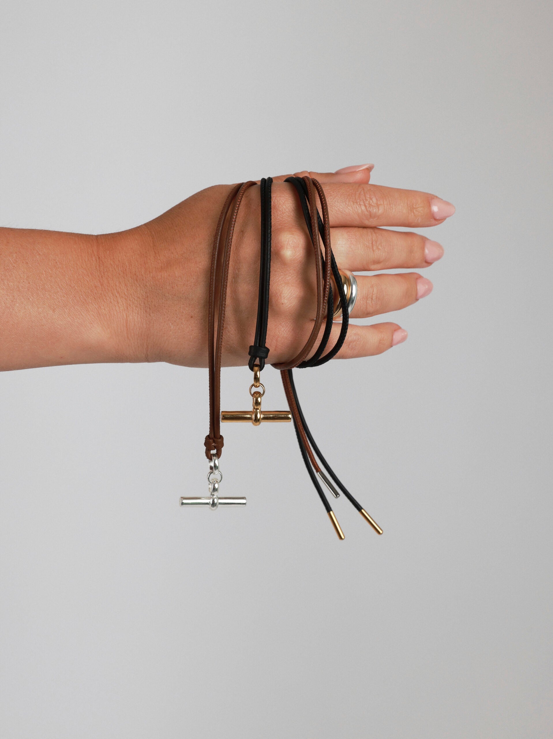 Medium Silver T-Bar on Dark Brown Leather Necklace