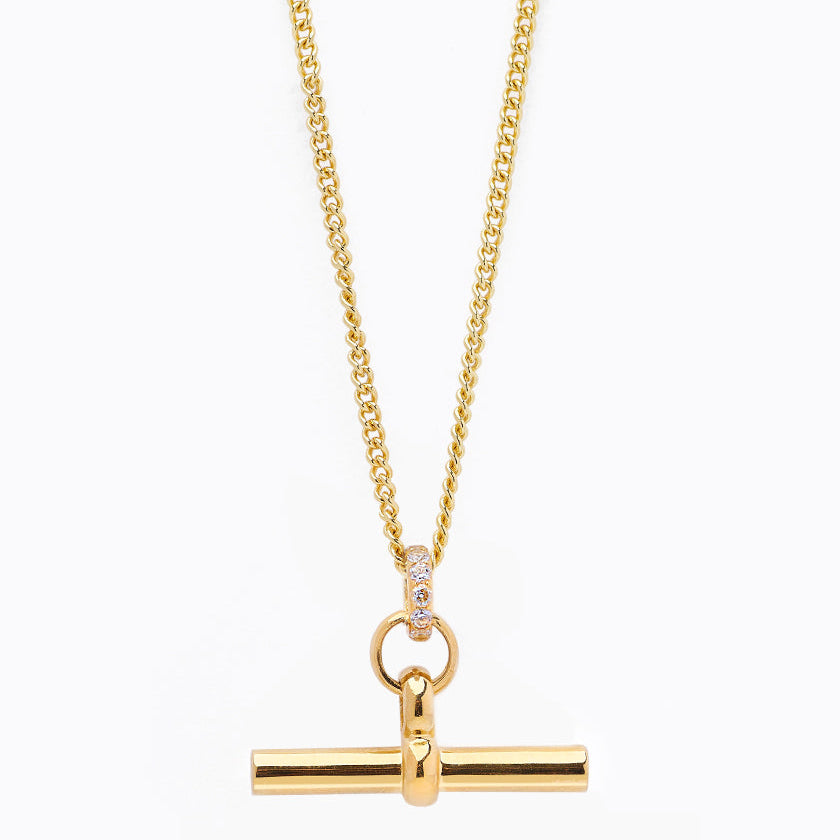 Medium Jewelled Gold T-Bar On Fine Curb Chain