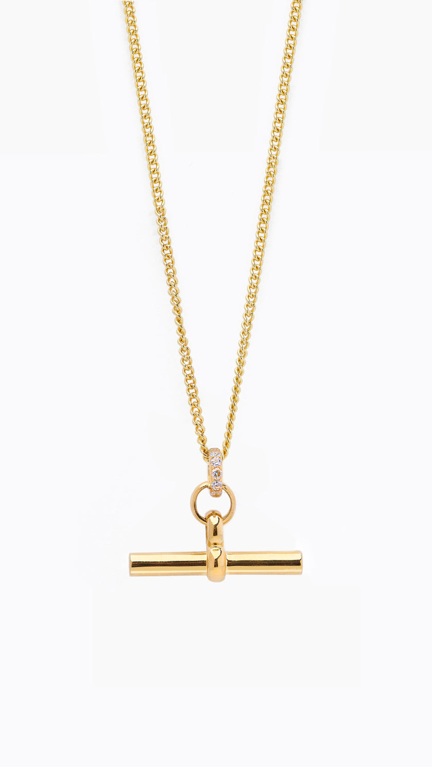 Medium Jewelled Gold T-Bar On Fine Curb Chain