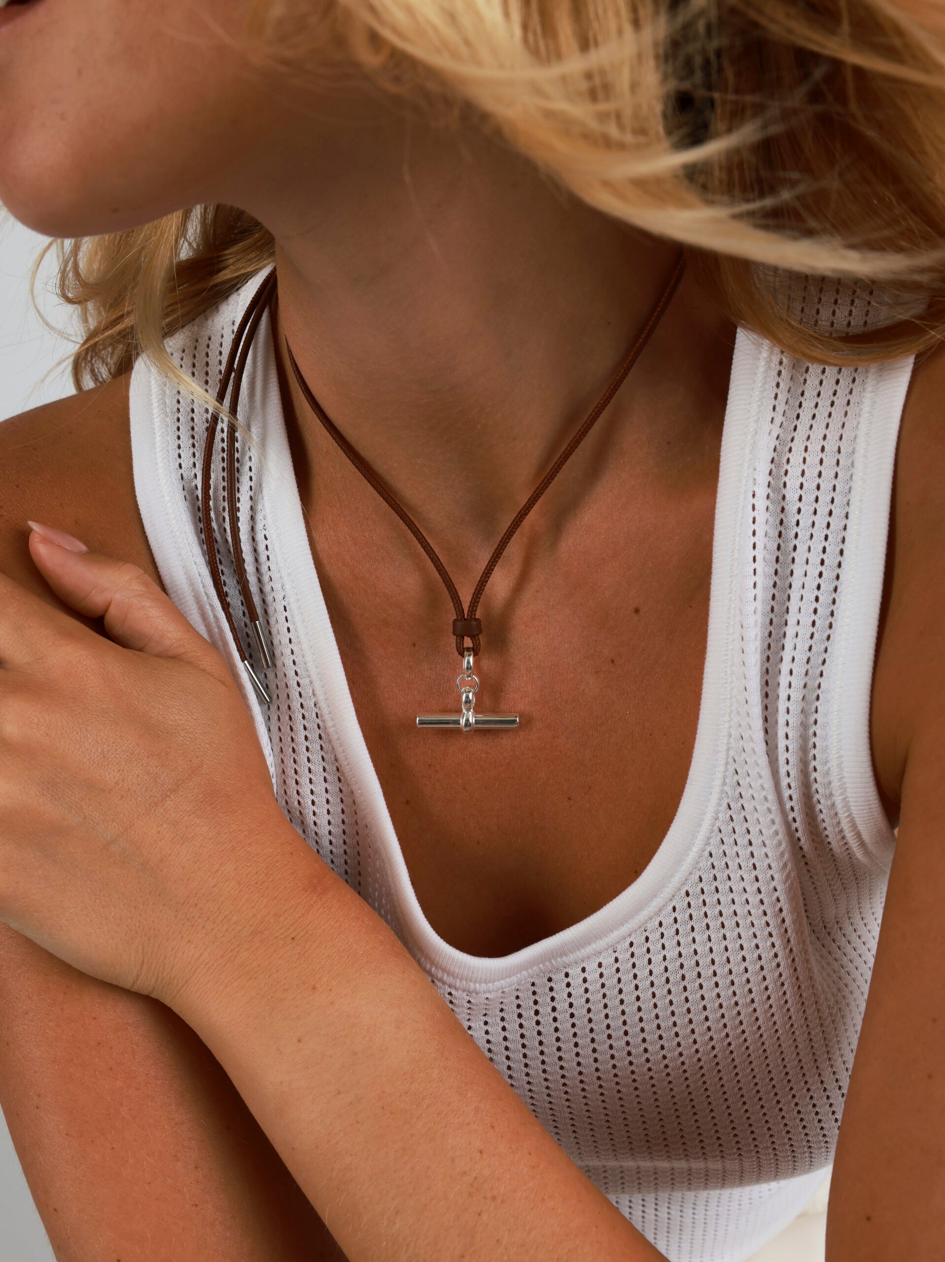 Medium Silver T-Bar on Dark Brown Leather Necklace