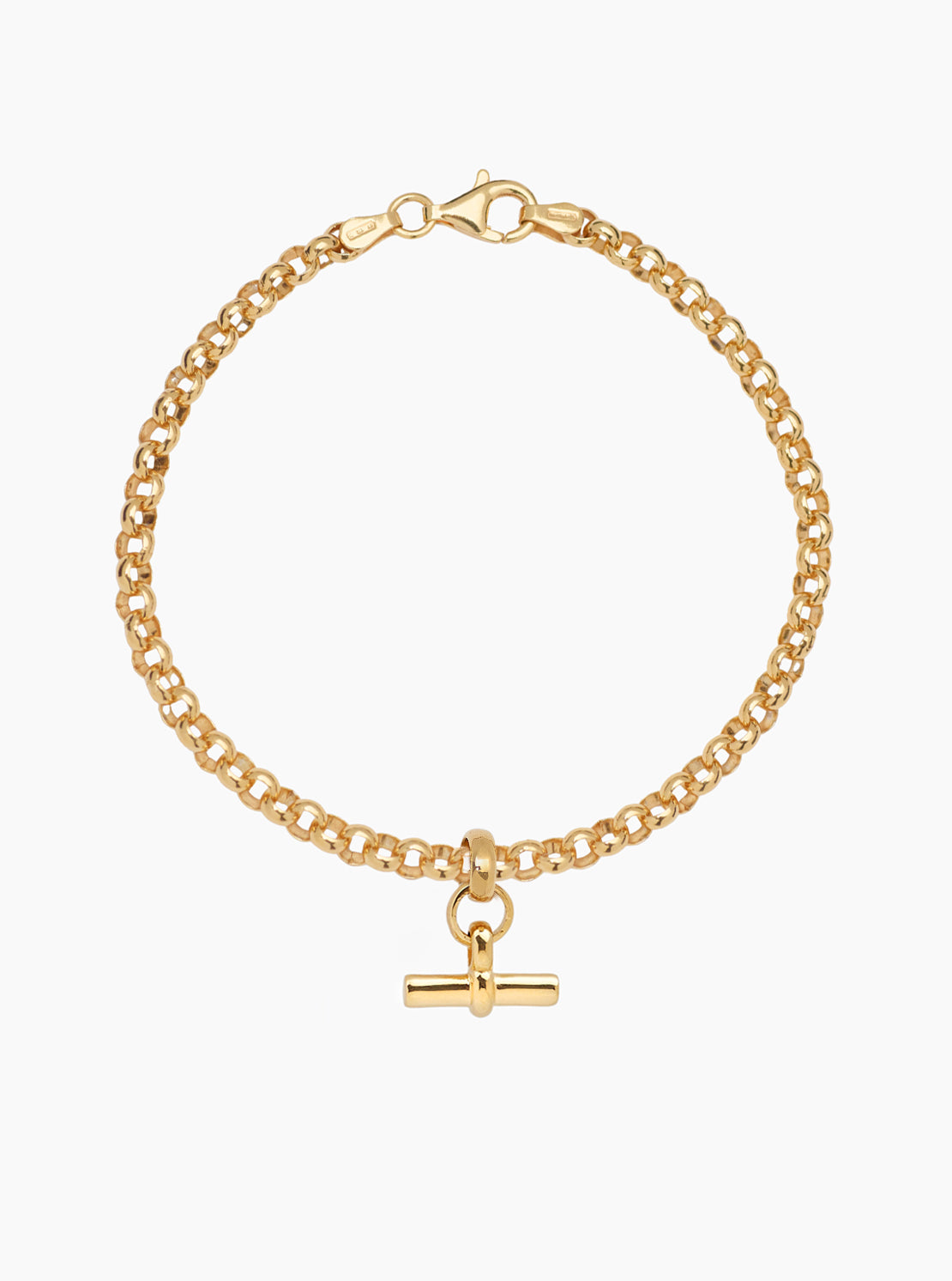 Gold belcher bracelet with mini T-bar charm