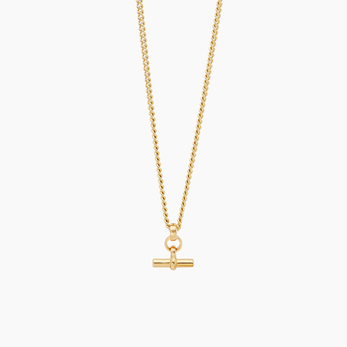 Mini gold T-bar pendant necklace on fine curb chain