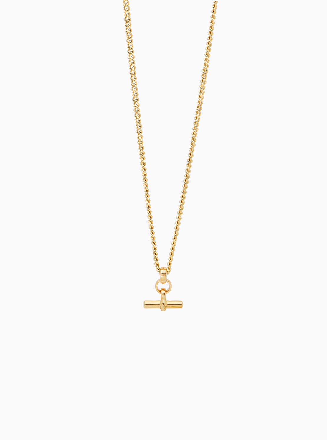 Mini gold T-bar pendant necklace on fine curb chain