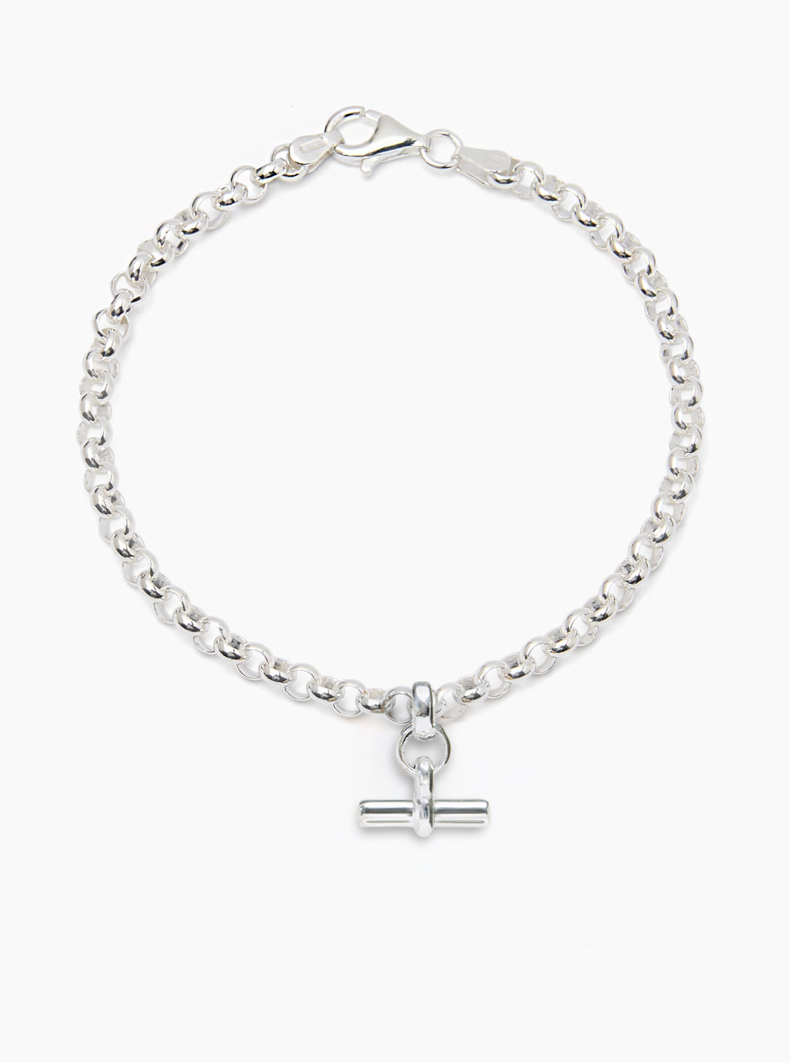 Silver belcher chain bracelet with mini T-bar charm and lobster clasp