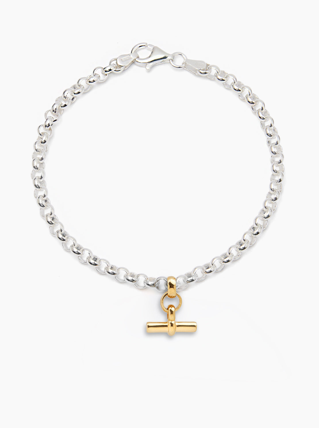 Silver chain bracelet with gold T-bar charm and lobster clasp