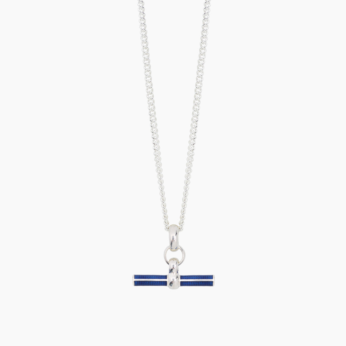 Navy Enamelled Small Silver T-bar on Fine Curb Chain
