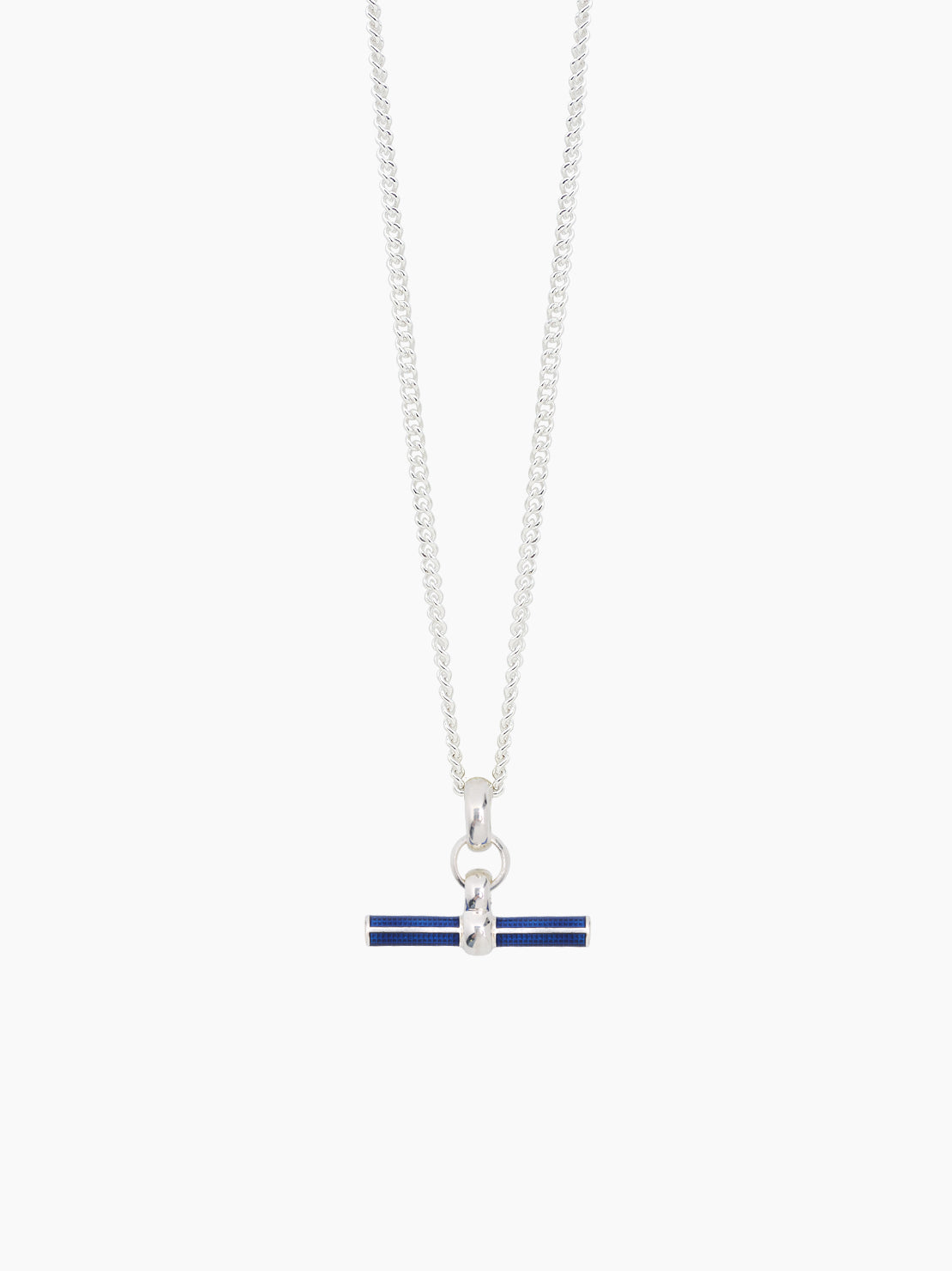 Navy Enamelled Small Silver T-bar on Fine Curb Chain