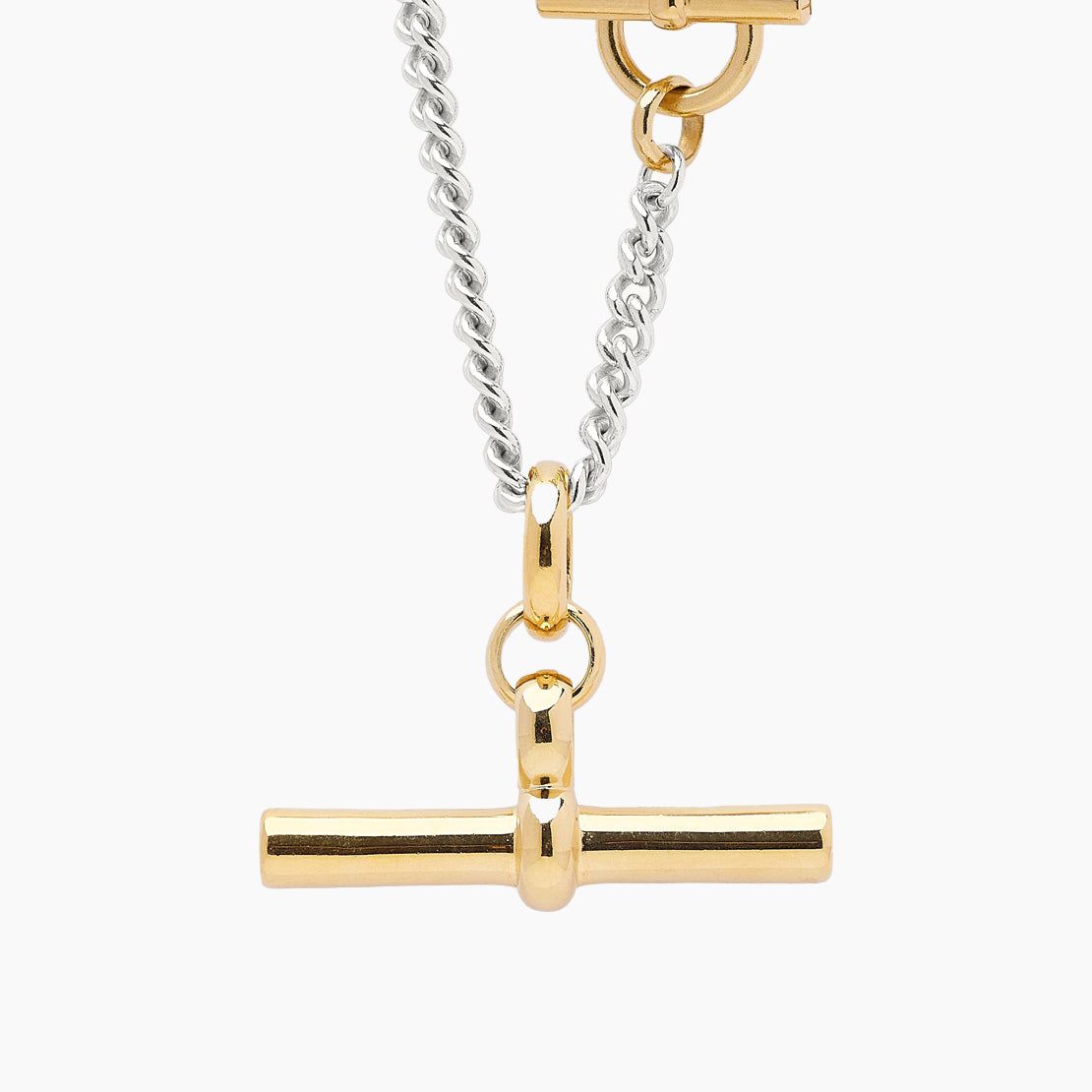 Giant Gold T-Bar On Gold T-Bar Clasp Silver Curb Chain