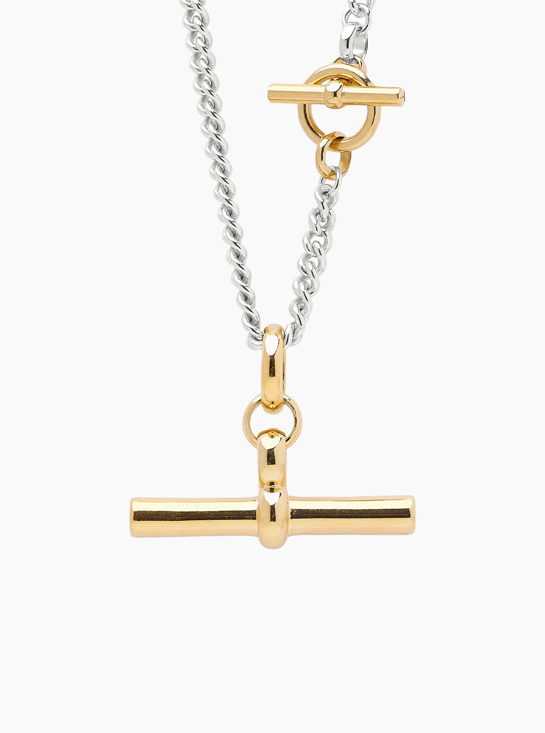 Giant Gold T-Bar On Gold T-Bar Clasp Silver Curb Chain