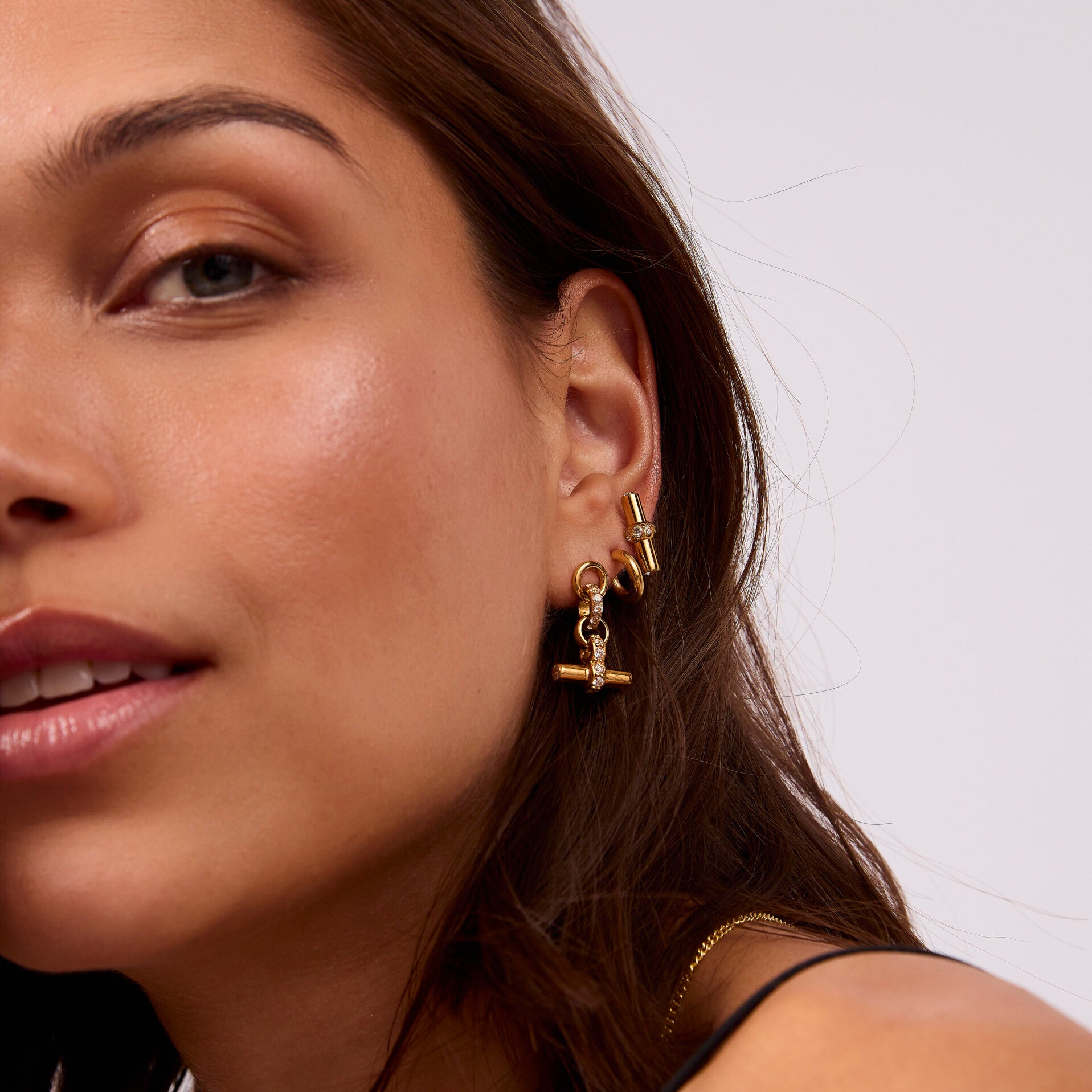 Jewelled Gold T-Bar Drop Earrings