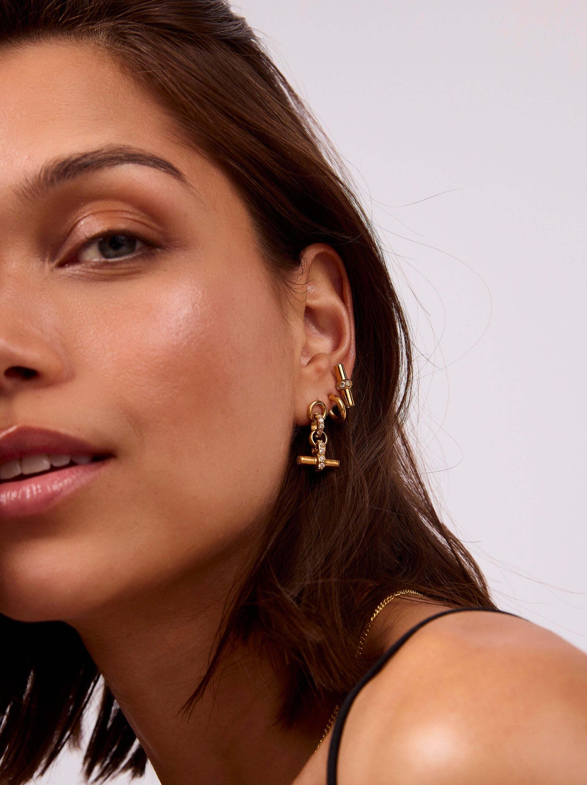 Jewelled Gold T-Bar Drop Earrings