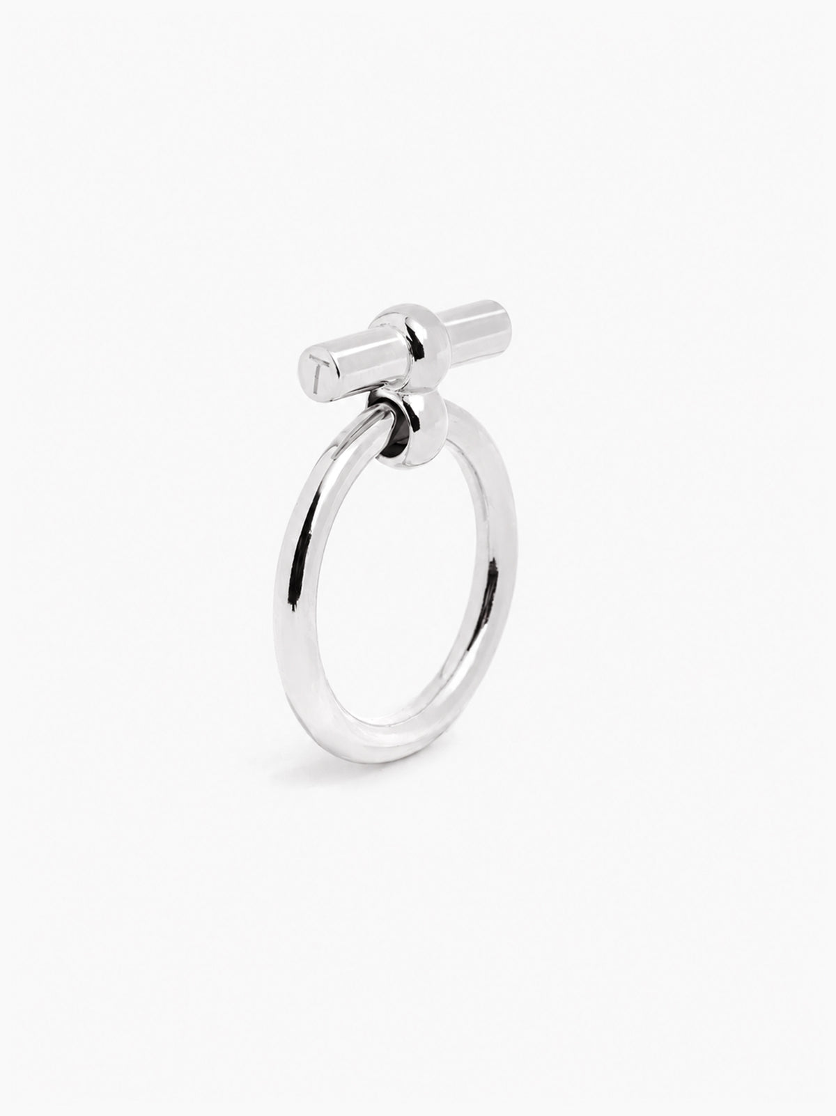 Silver T-bar eternity ring, circular band with small bar detail on top.