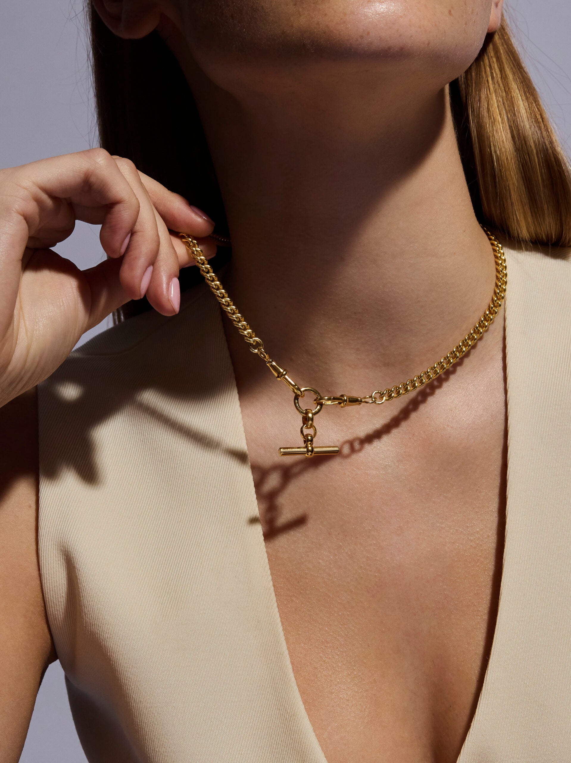 Small Gold T-bar on Slim Curb Clipt Necklace