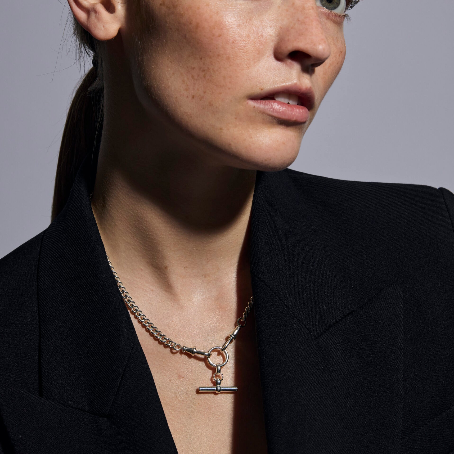 Small Silver T-bar on Slim Curb Clipt Necklace