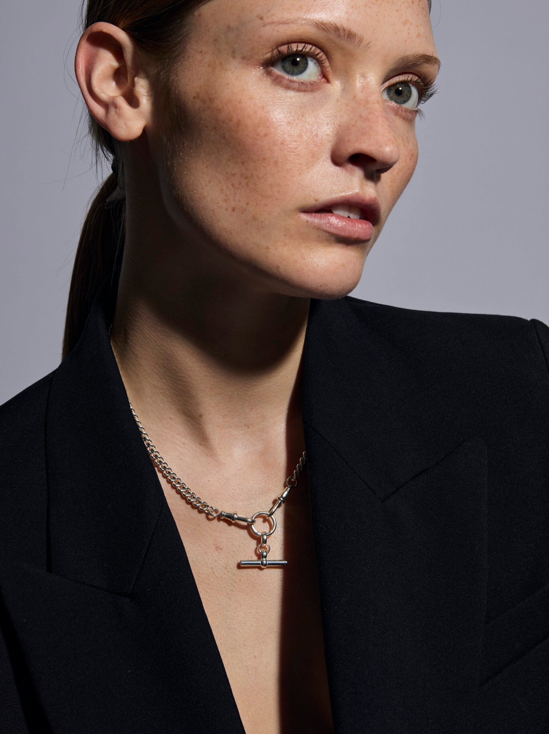 Small Silver T-bar on Slim Curb Clipt Necklace