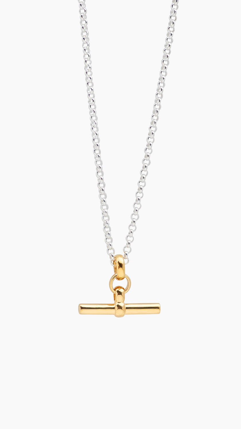Gold T-bar pendant on a silver chain against a white background