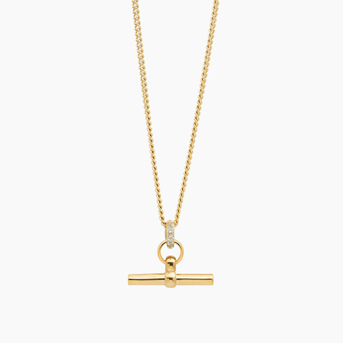 Small Jewelled Gold T-Bar On Fine Curb Chain