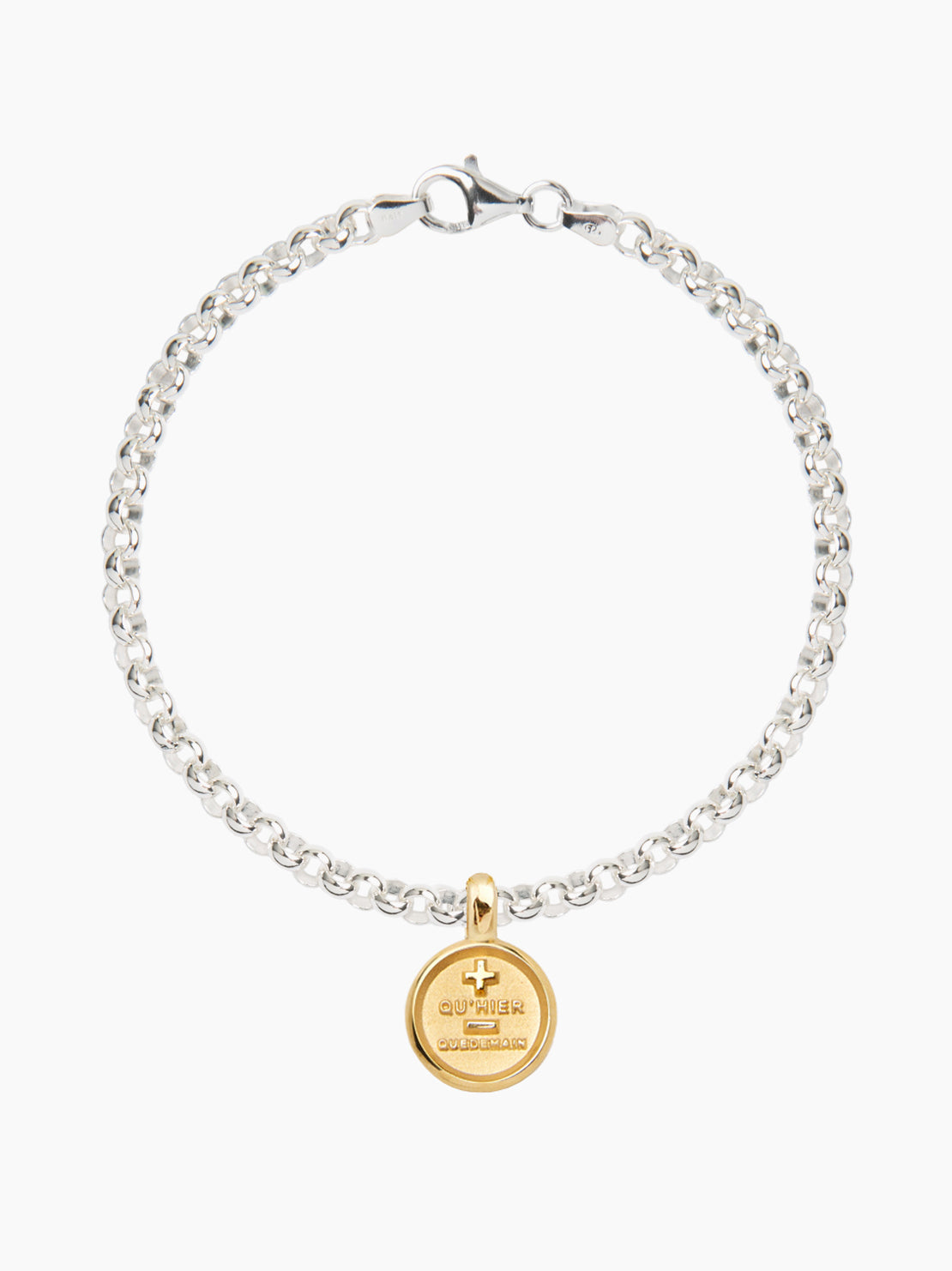 Small Gold Que Demain Disc on Silver Belcher Bracelet