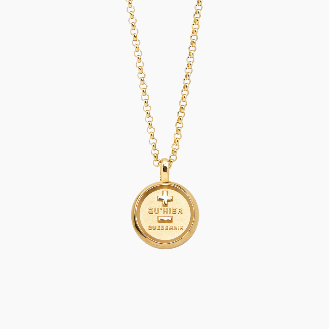 Large Gold Que Demain Disc on Belcher Chain