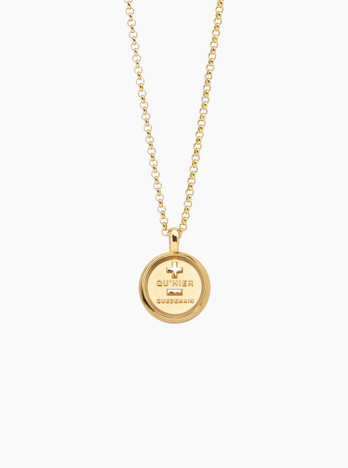 Large Gold Que Demain Disc on Belcher Chain