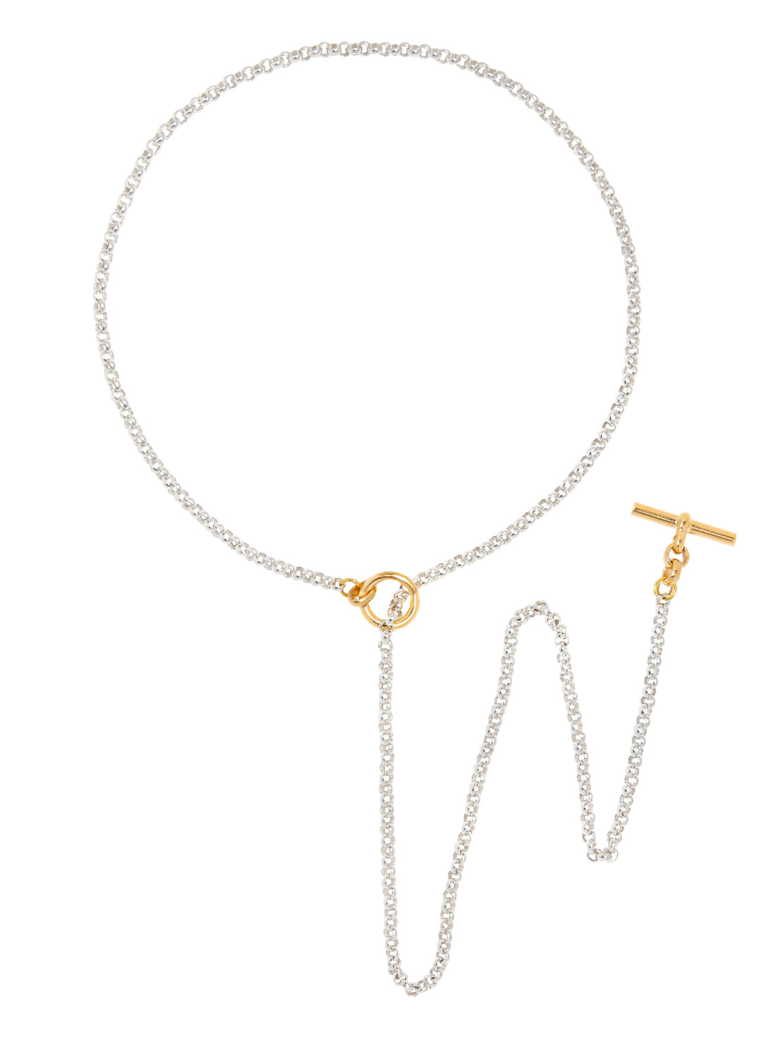 Silver necklace with gold clasp on a white background