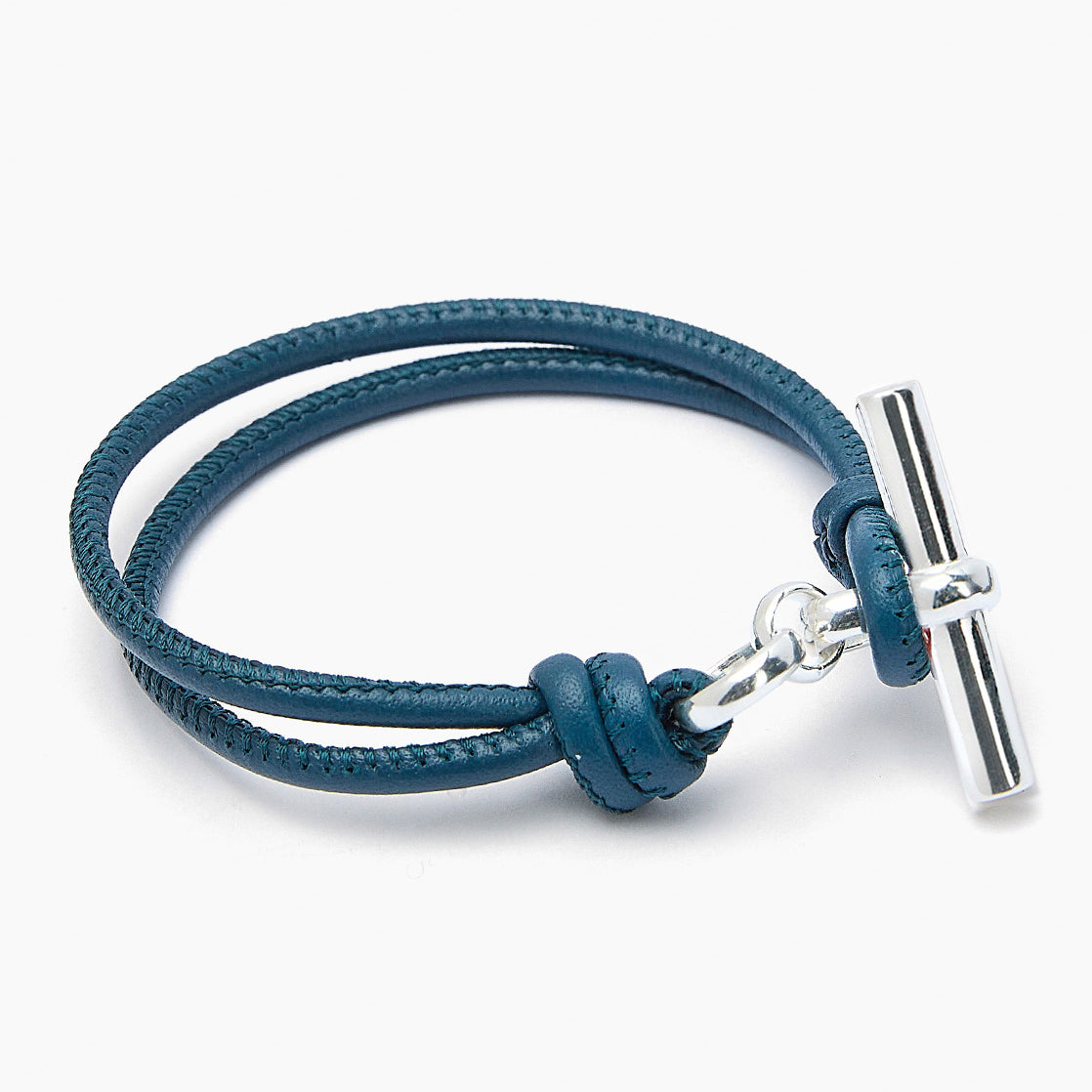 Silver T-Bar on Navy Leather Bracelet