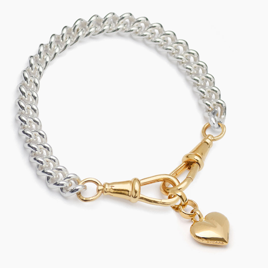 Mixed Metal Small Heart on Medium Curb Clipt Bracelet