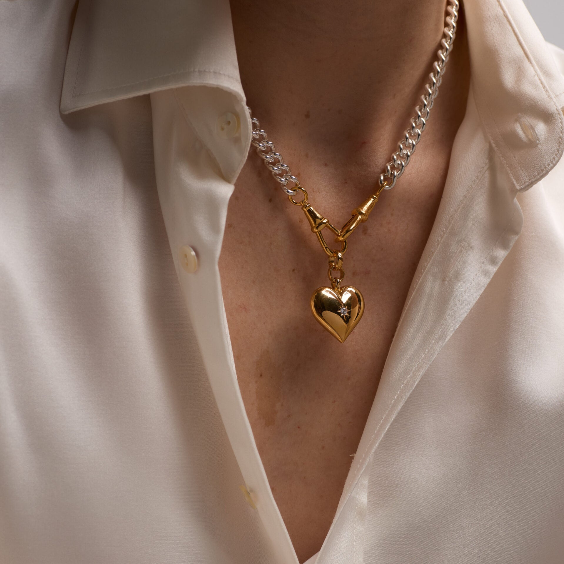 Mixed Metal Large Heart on Medium Curb Clipt Necklace