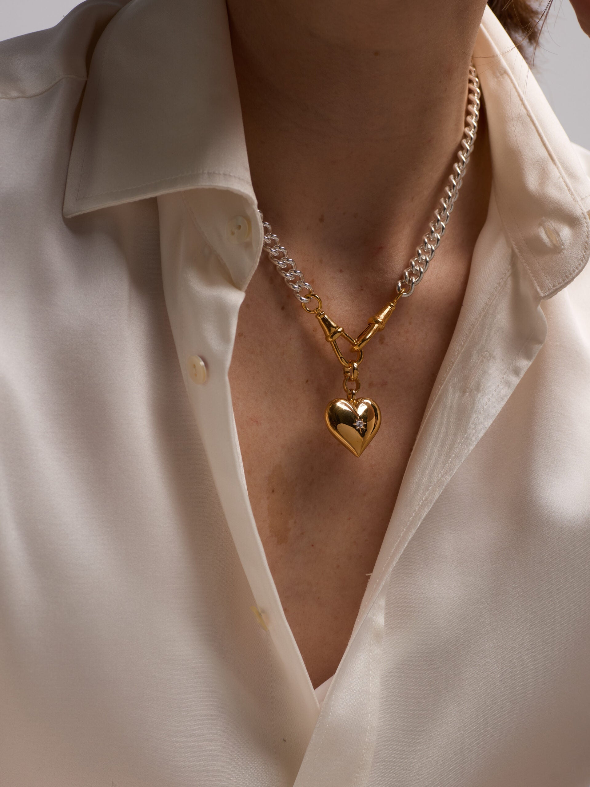 Mixed Metal Large Heart on Medium Curb Clipt Necklace