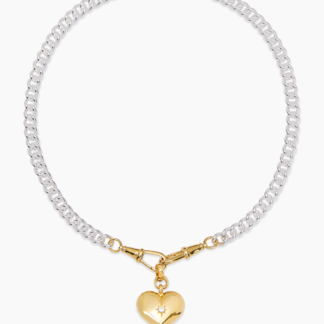 Mixed Metal Large Heart on Medium Curb Clipt Necklace