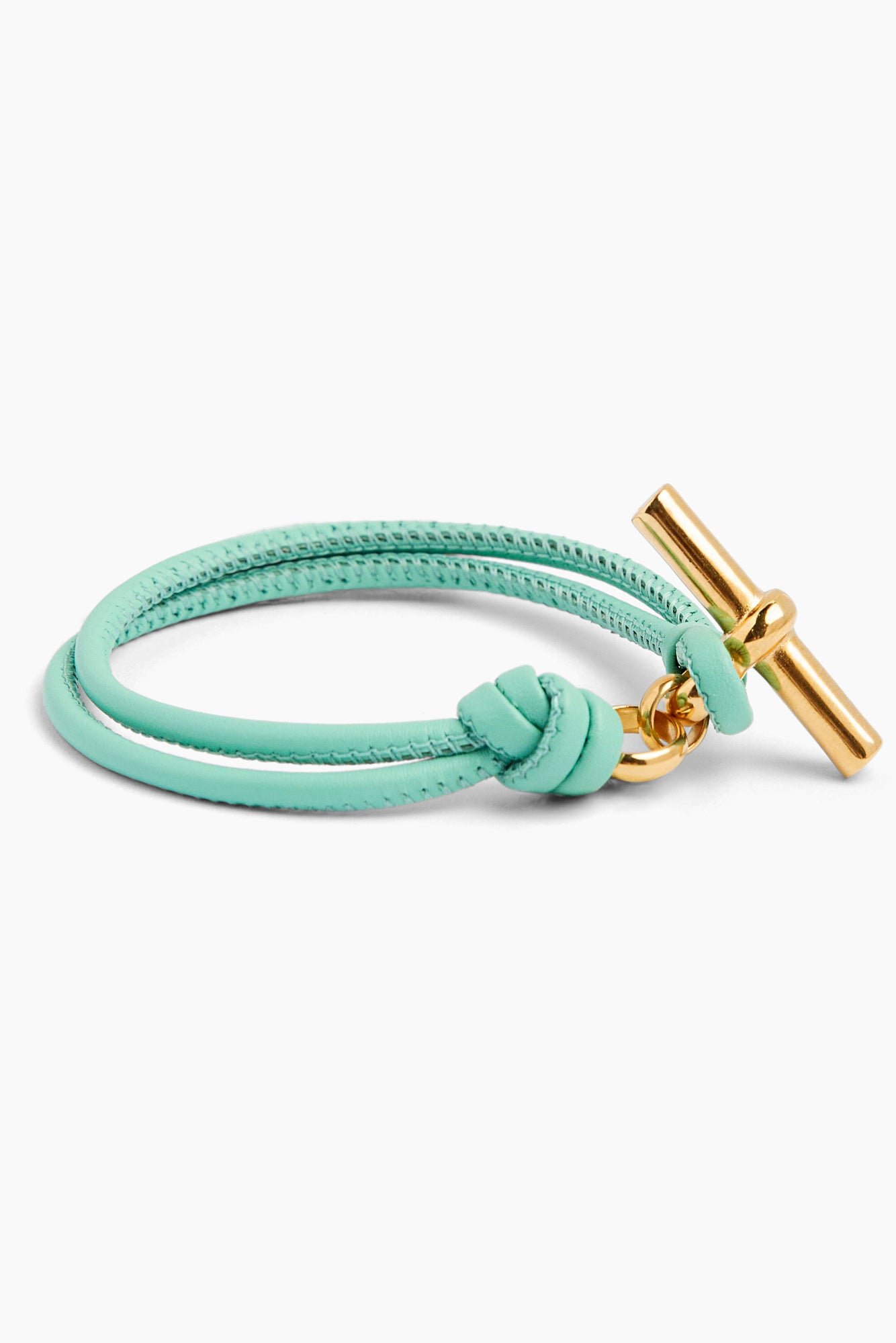 Aquamarine leather bracelet with gold T-bar charm on braided strap