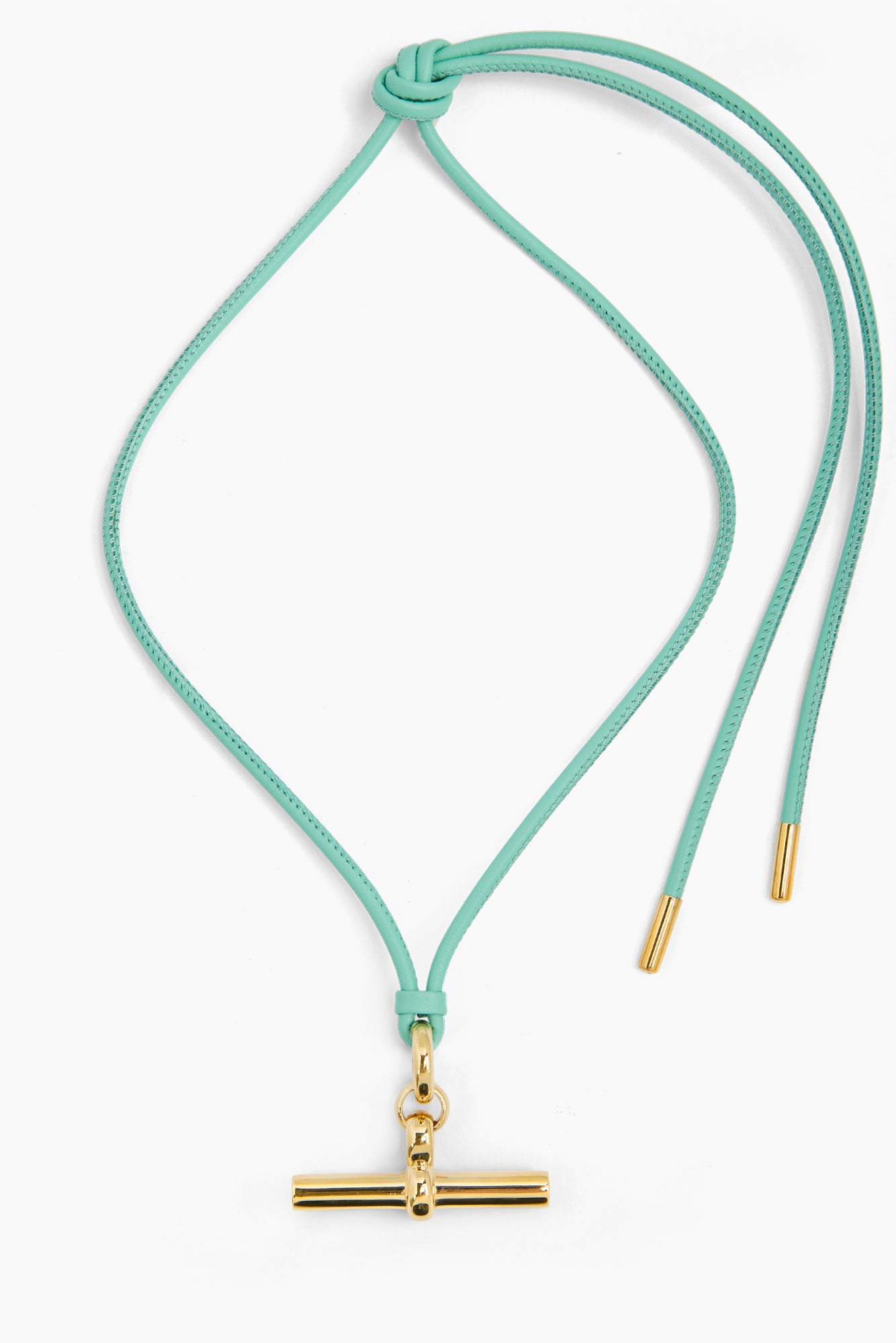 Aquamarine leather T-bar necklace with medium gold bar pendant at cord center
