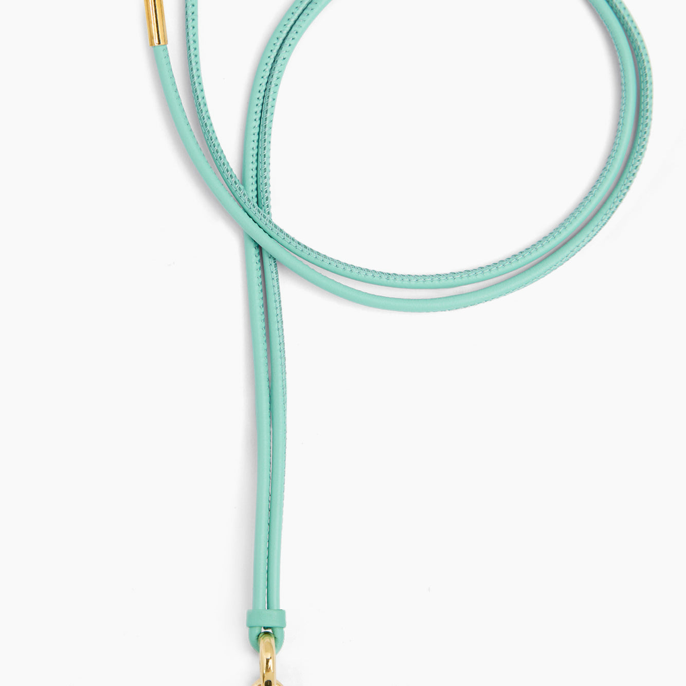 Aquamarine leather necklace with gold T-bar pendant and adjustable cord ends