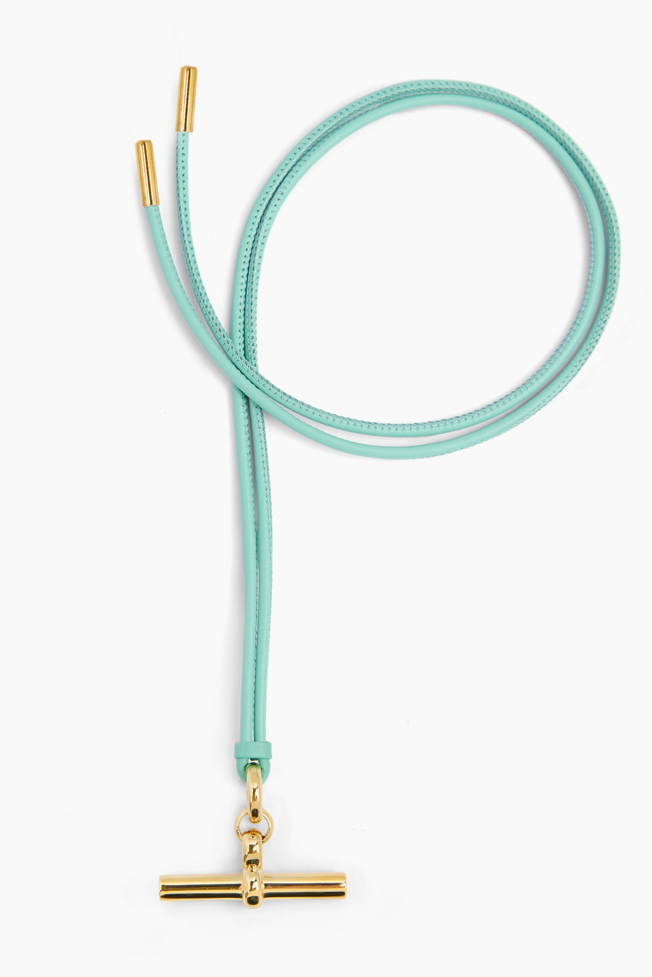 Aquamarine leather necklace with gold T-bar pendant and adjustable cord ends