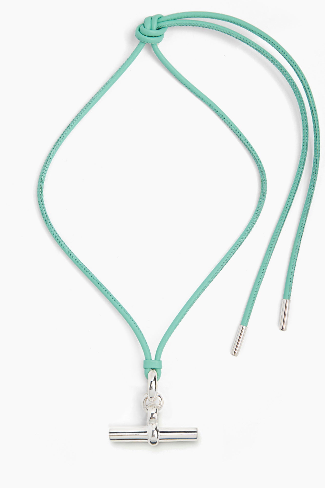 Aquamarine leather cord T-bar necklace with silver T-bar pendant charm