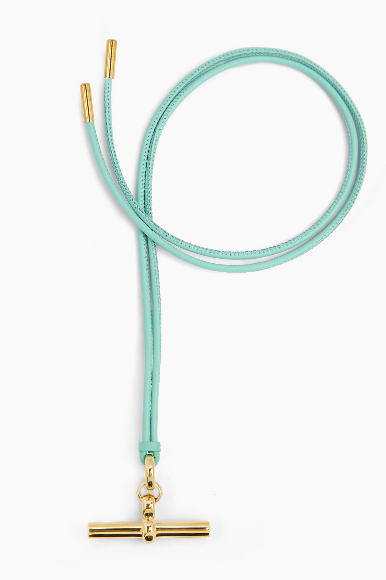 Aquamarine leather necklace with gold T-bar pendant and two short ends