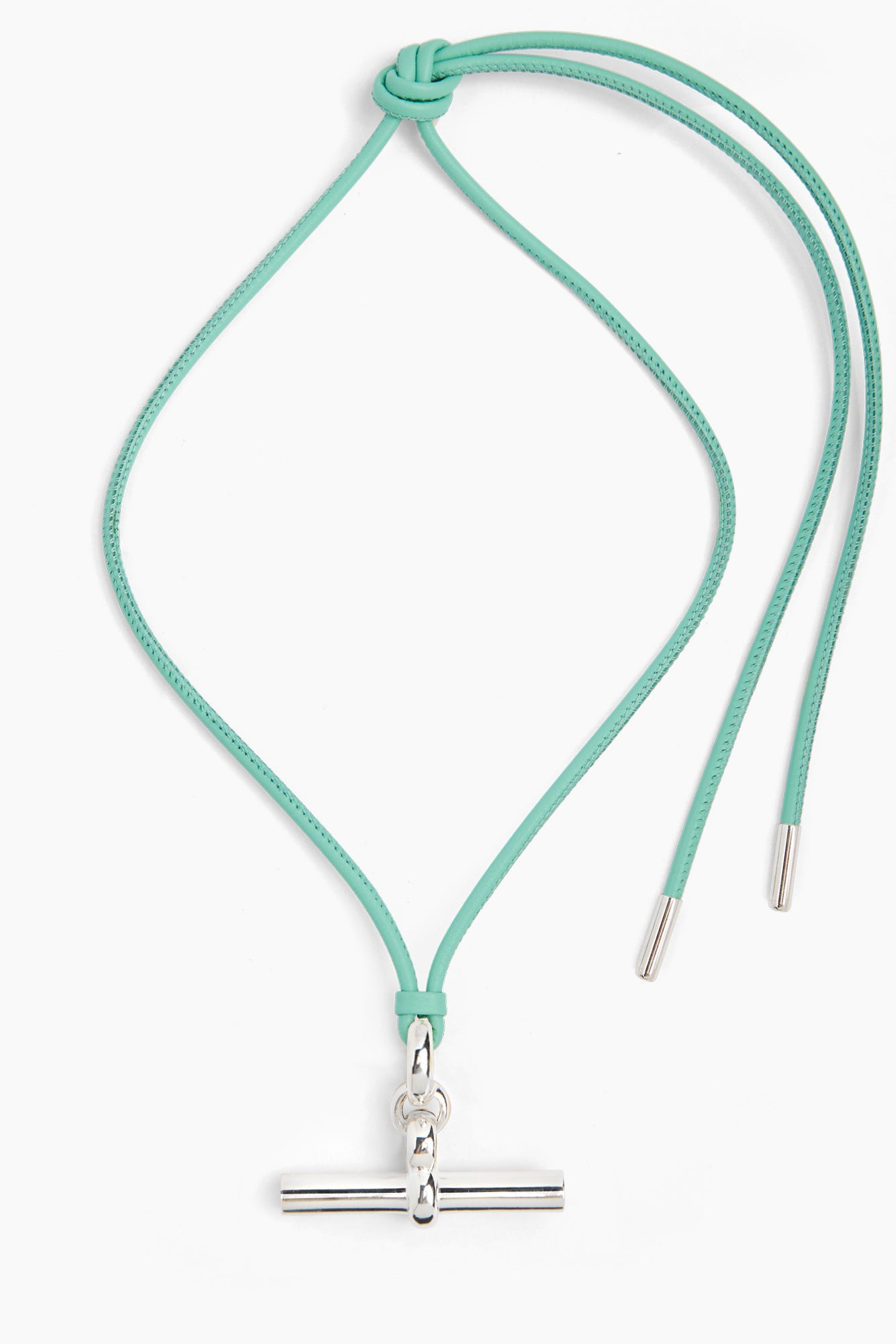 Aquamarine leather necklace with silver T-bar charm and turquoise cord loops