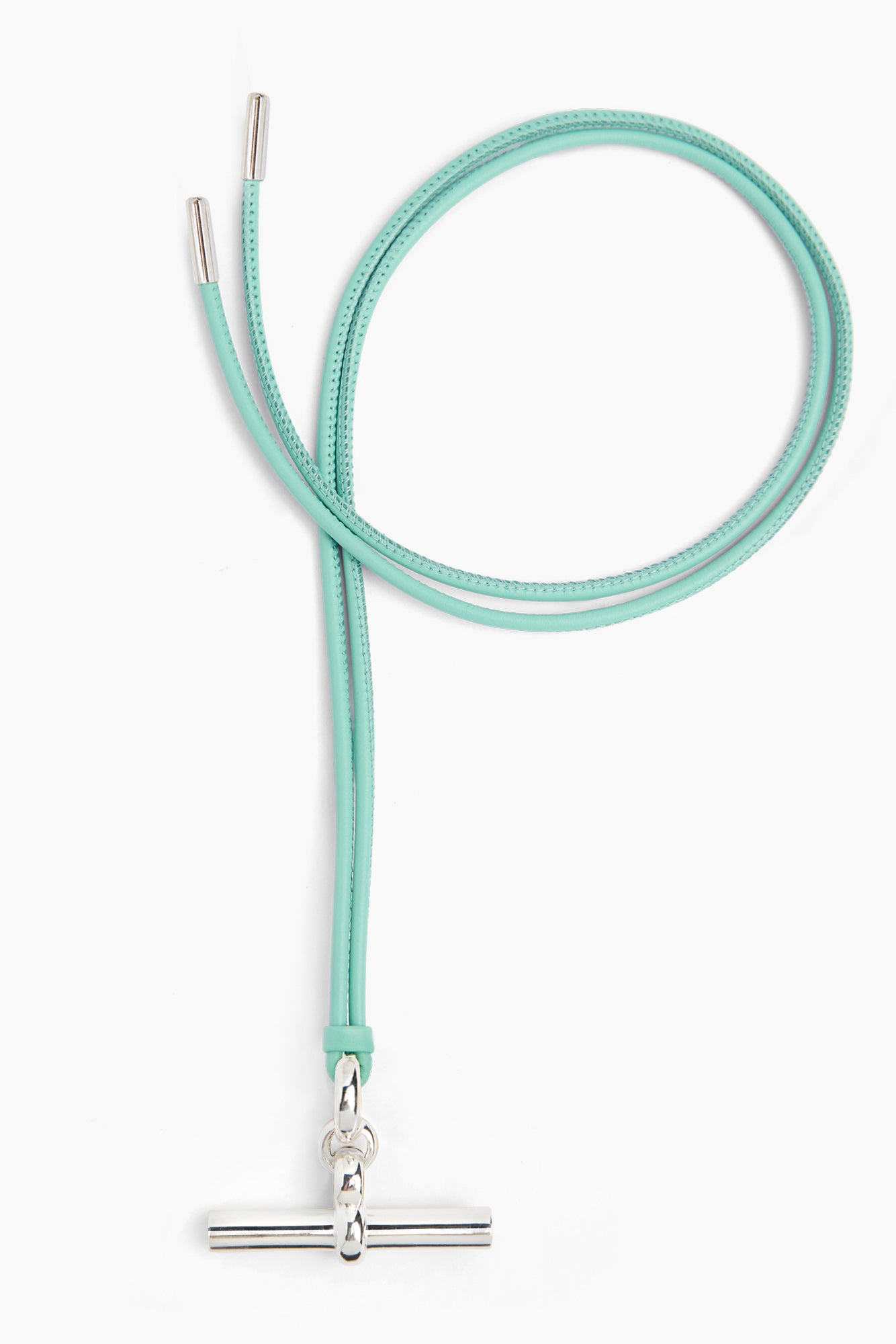 Aquamarine leather necklace cord with silver T-bar clasp