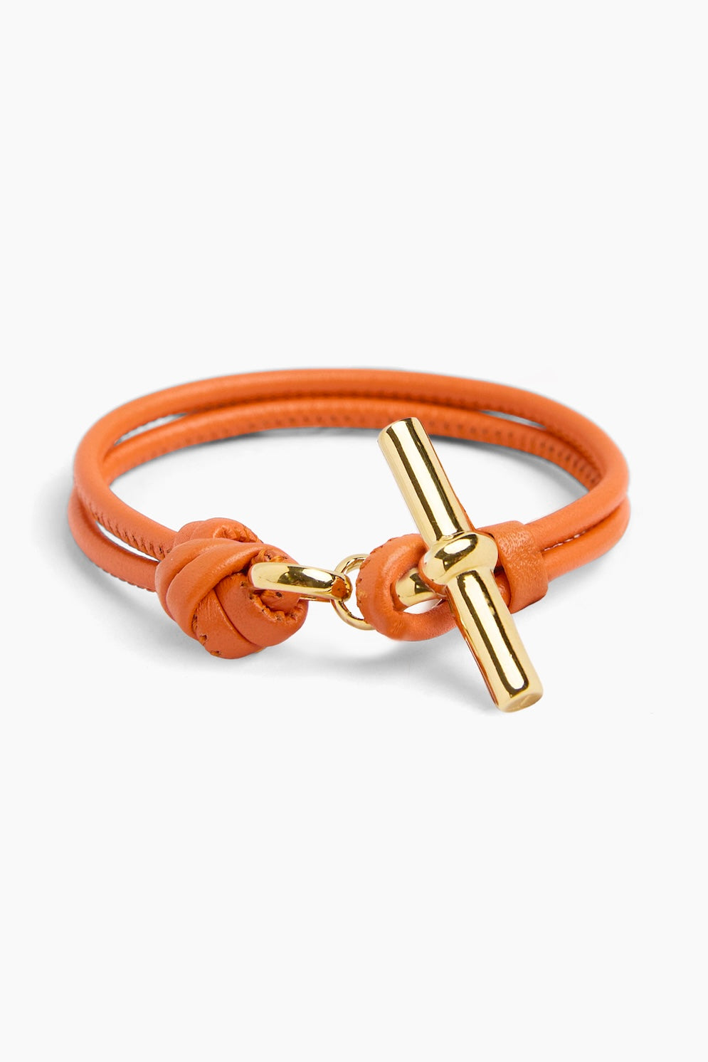 Orange leather bracelet with gold T-bar clasp and small loop knot