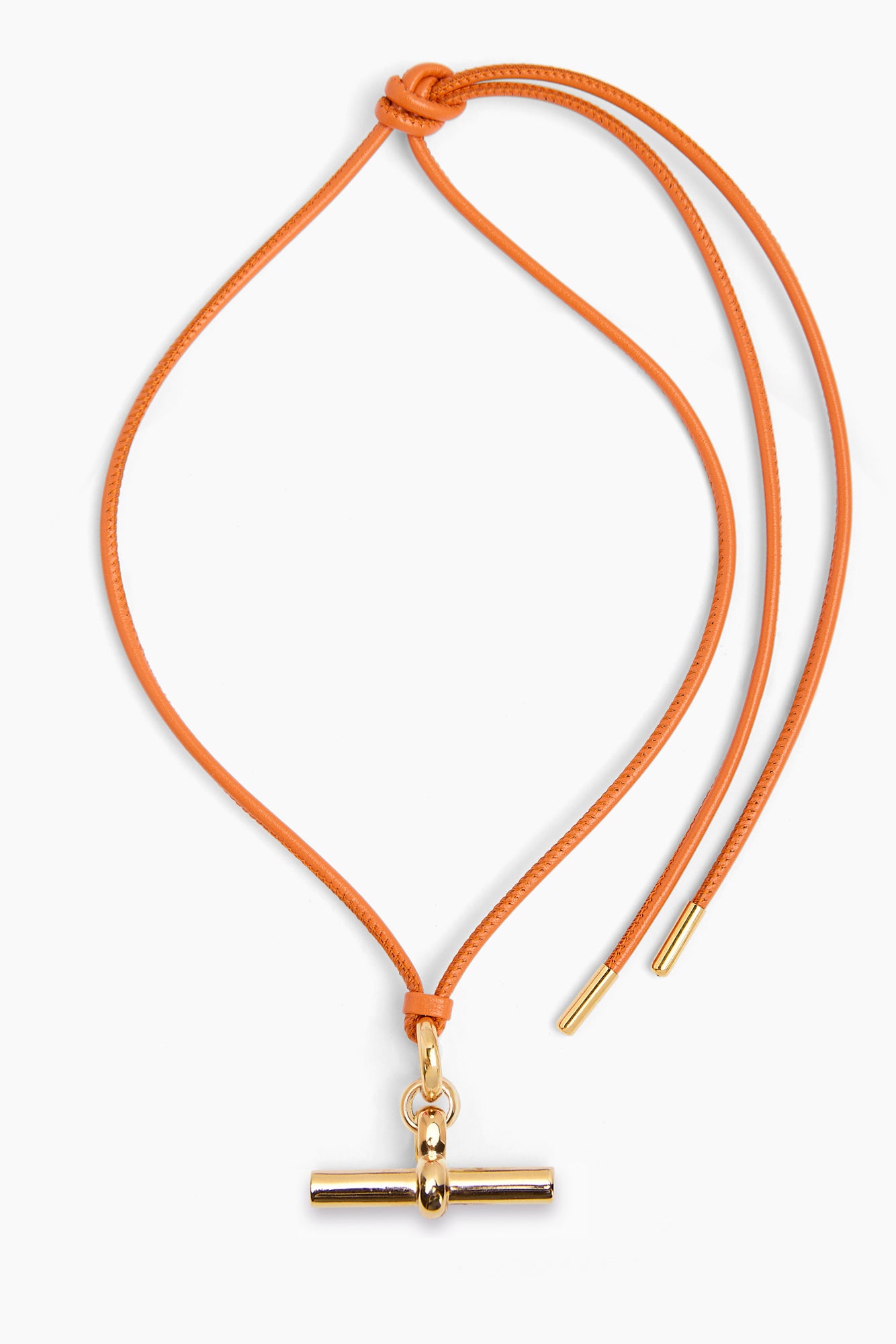 Orange leather cord necklace with gold T-bar pendant and two tie ends